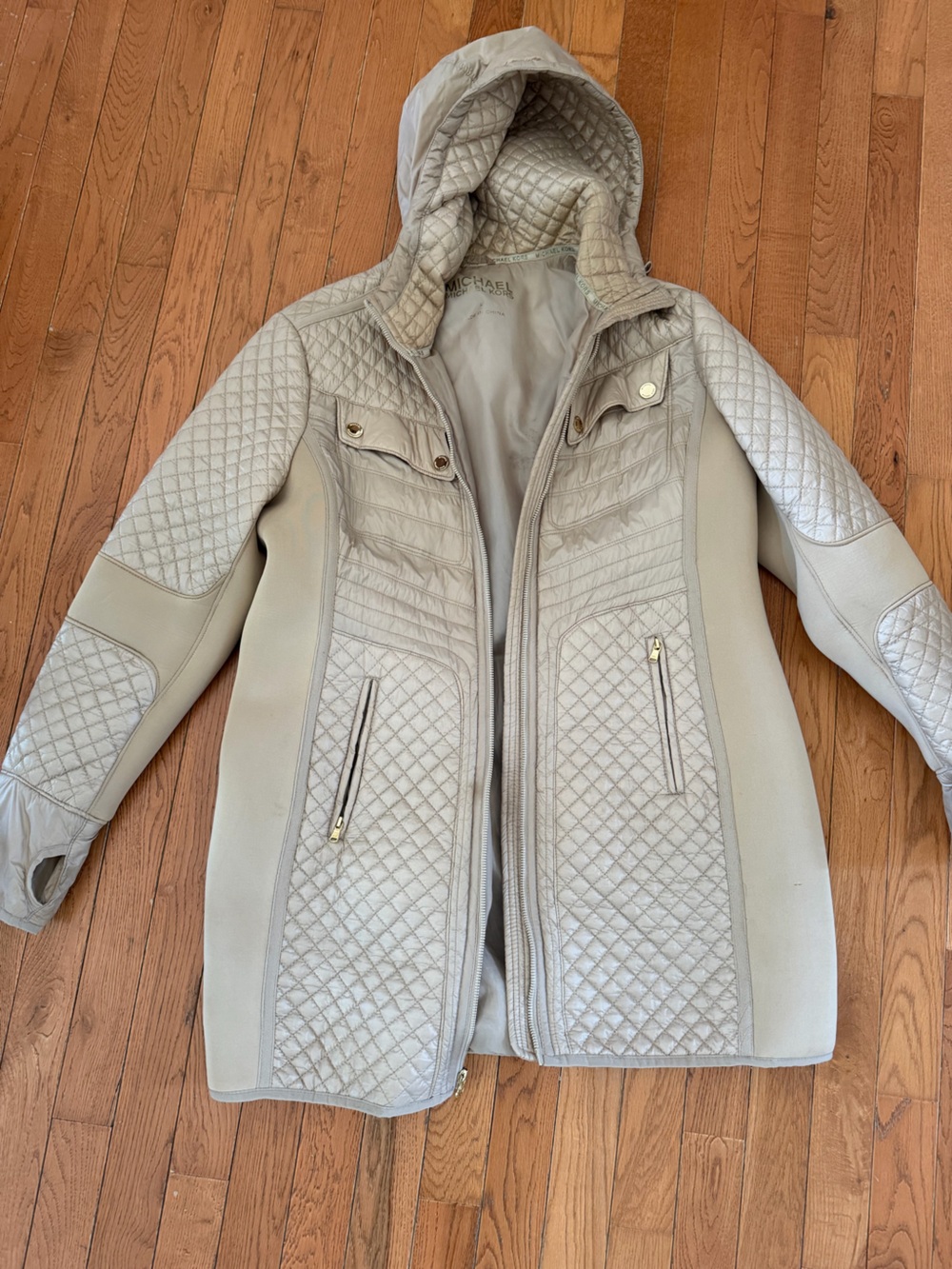 Michael Kors Quilted Light Beige Hooded Puffer Coat with Gold Zippers